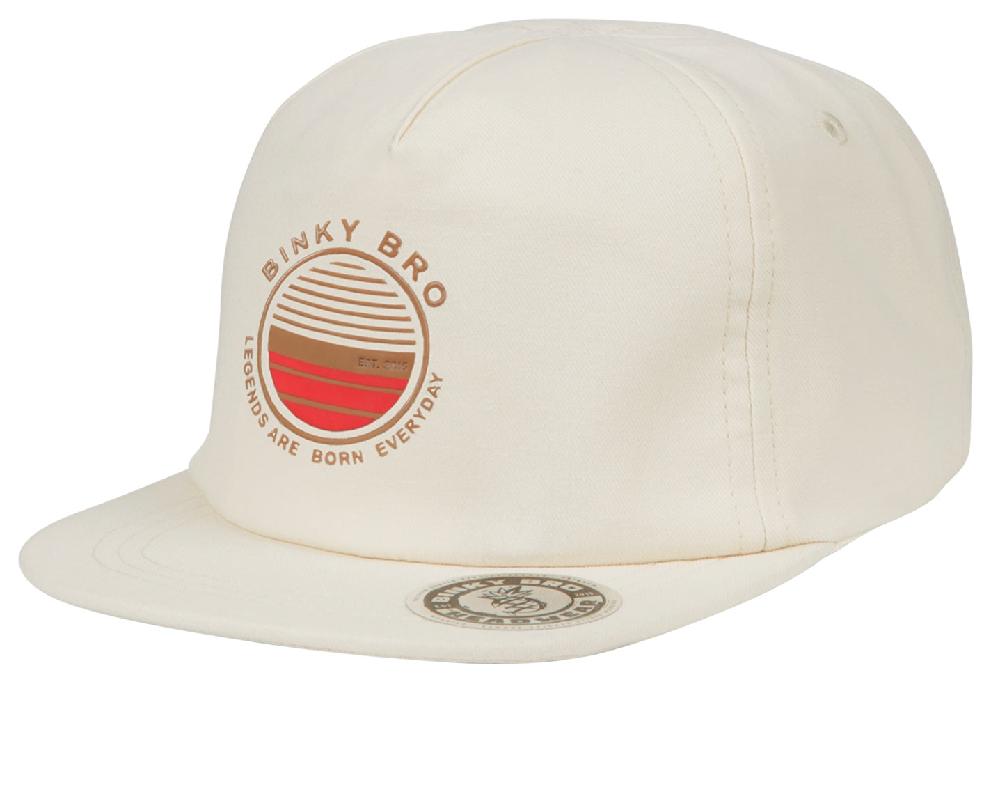 Cream-colored snapback hat featuring a retro-style graphic with a sunset and the text "Binky Bro Legends Are Born Everyday.