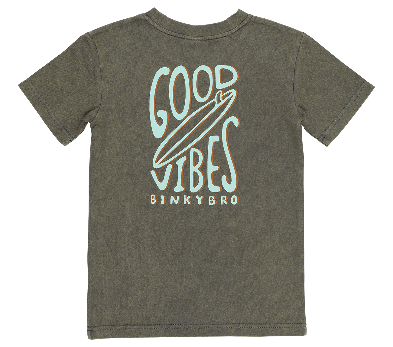 Olive green Good Vibes T-Shirt featuring a surfboard graphic and playful text, perfect for kids' casual wear.