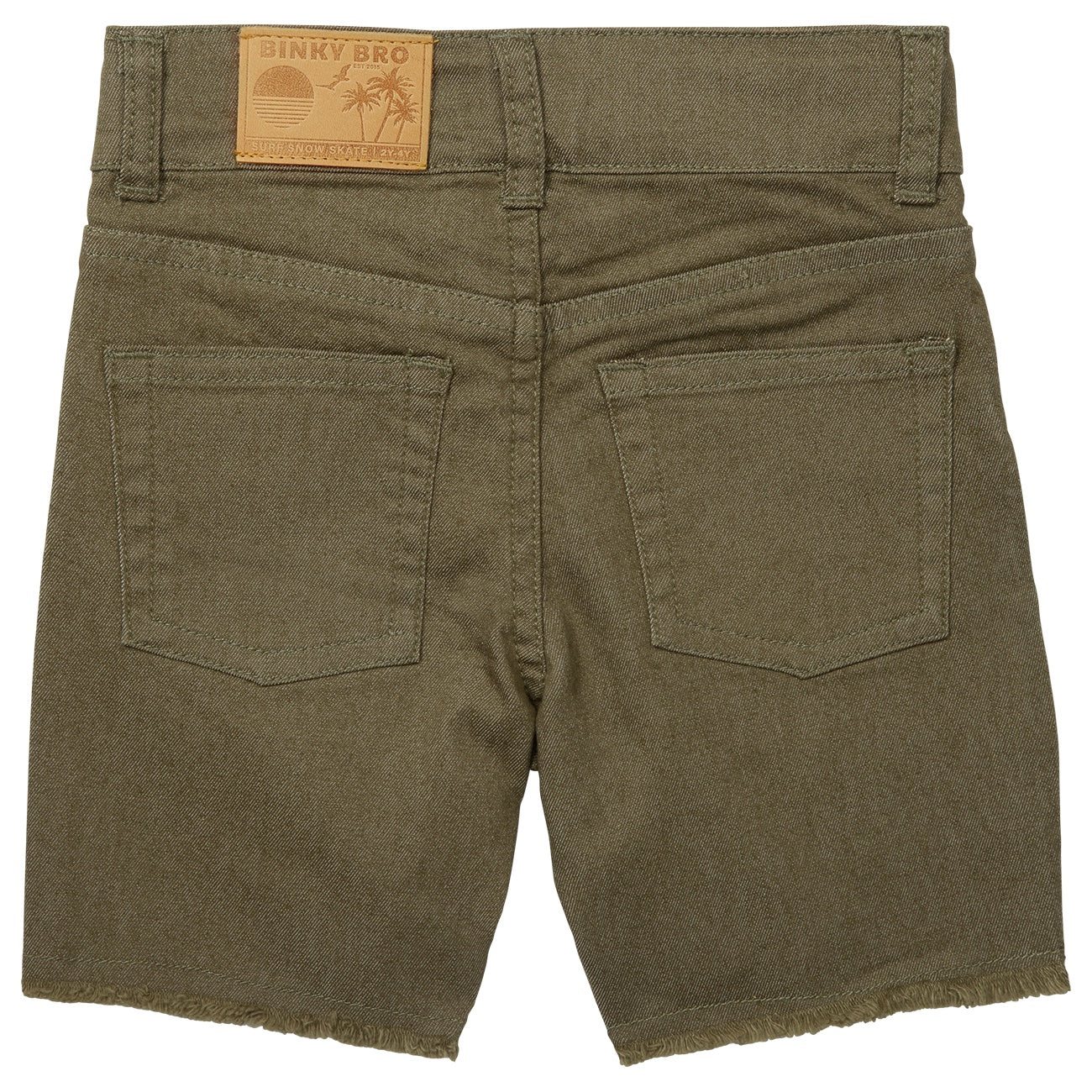 Back view of BinkyBro Waco Shorts in army green, featuring a frayed hem and a branded leather patch. Ideal for stylish kids.