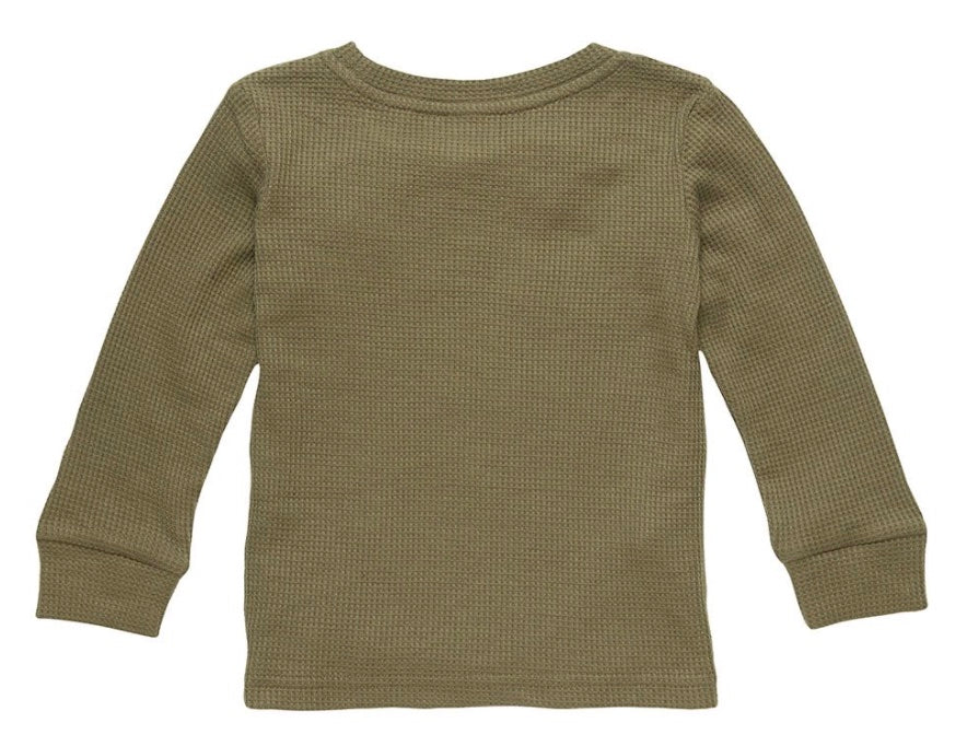 Olive green long-sleeve thermal shirt for kids, featuring a textured fabric and comfortable fit. Ideal for layering.
