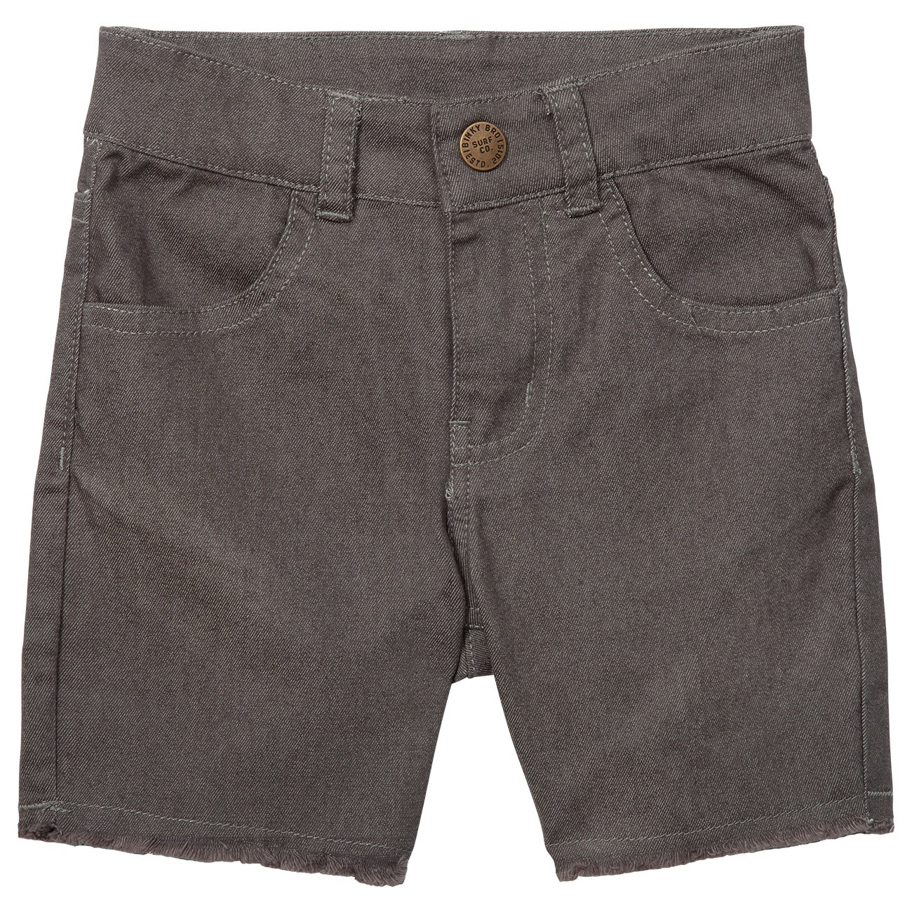 Grey Waco Shorts for kids featuring a classic five-pocket design and frayed hem, perfect for casual summer wear.