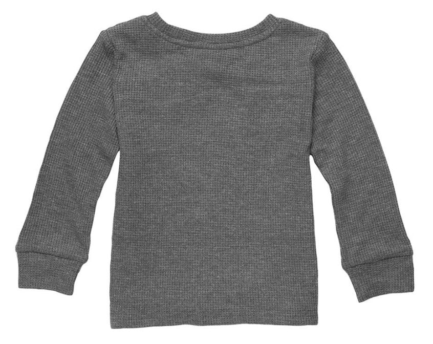 Charcoal long-sleeve thermal shirt with a textured fabric and ribbed cuffs, perfect for layering in cooler weather.