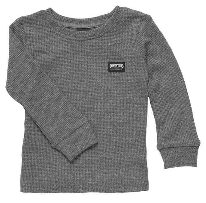 Charcoal long-sleeve thermal shirt for kids featuring a small brand label on the chest. Ideal for stylish layering.