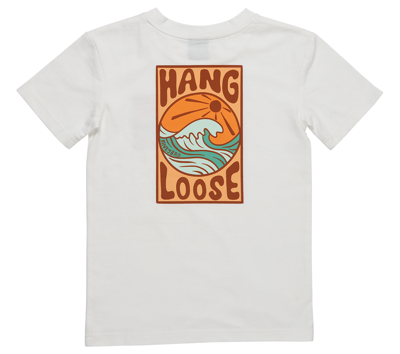 White Hang Loose T-Shirt featuring a retro wave and sun graphic on the back, perfect for kids with a surf-inspired style.