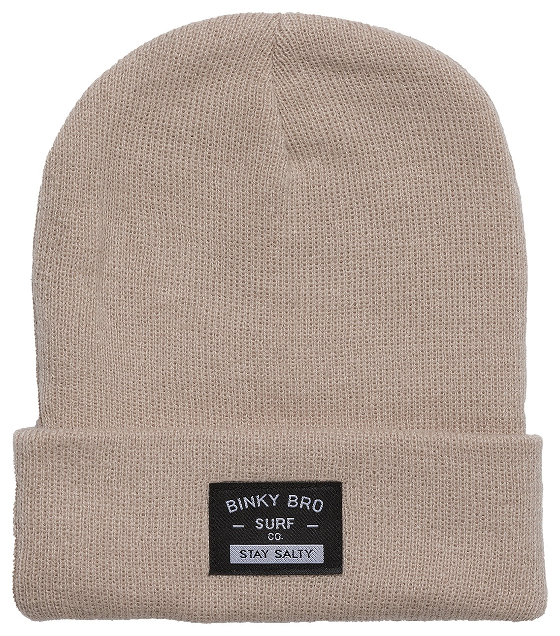 Beige knit beanie from BinkyBro featuring a fold-over cuff and a black label with "Stay Salty" text. Ideal for kids.