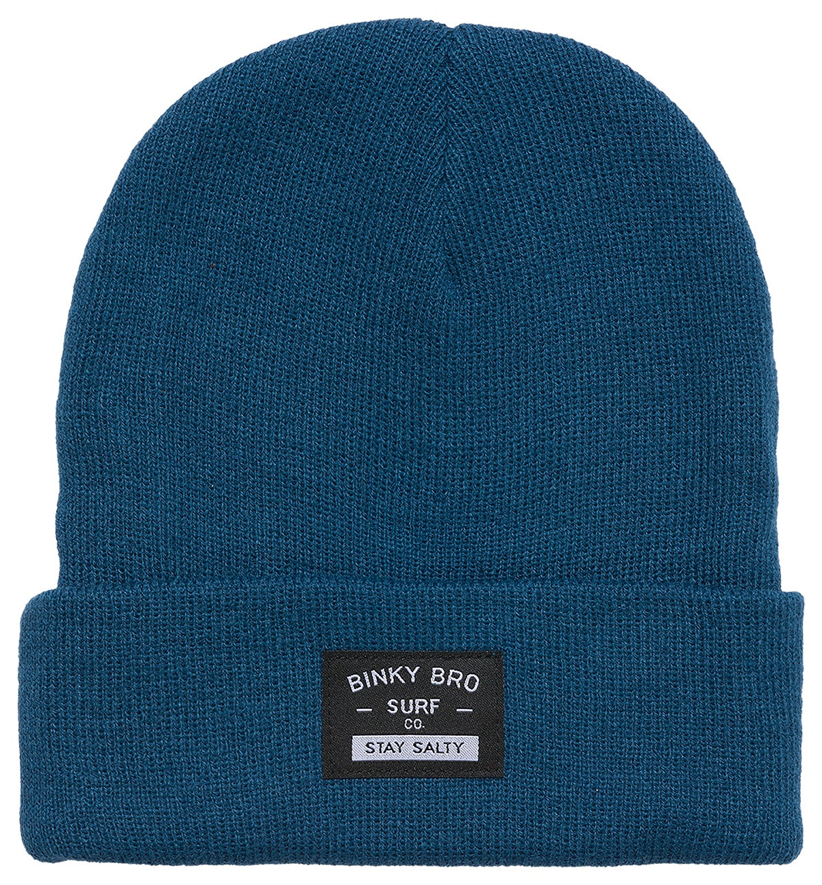 Navy beanie hat with a folded cuff and a Binky Bro label, perfect for stylish warmth in outdoor adventures.