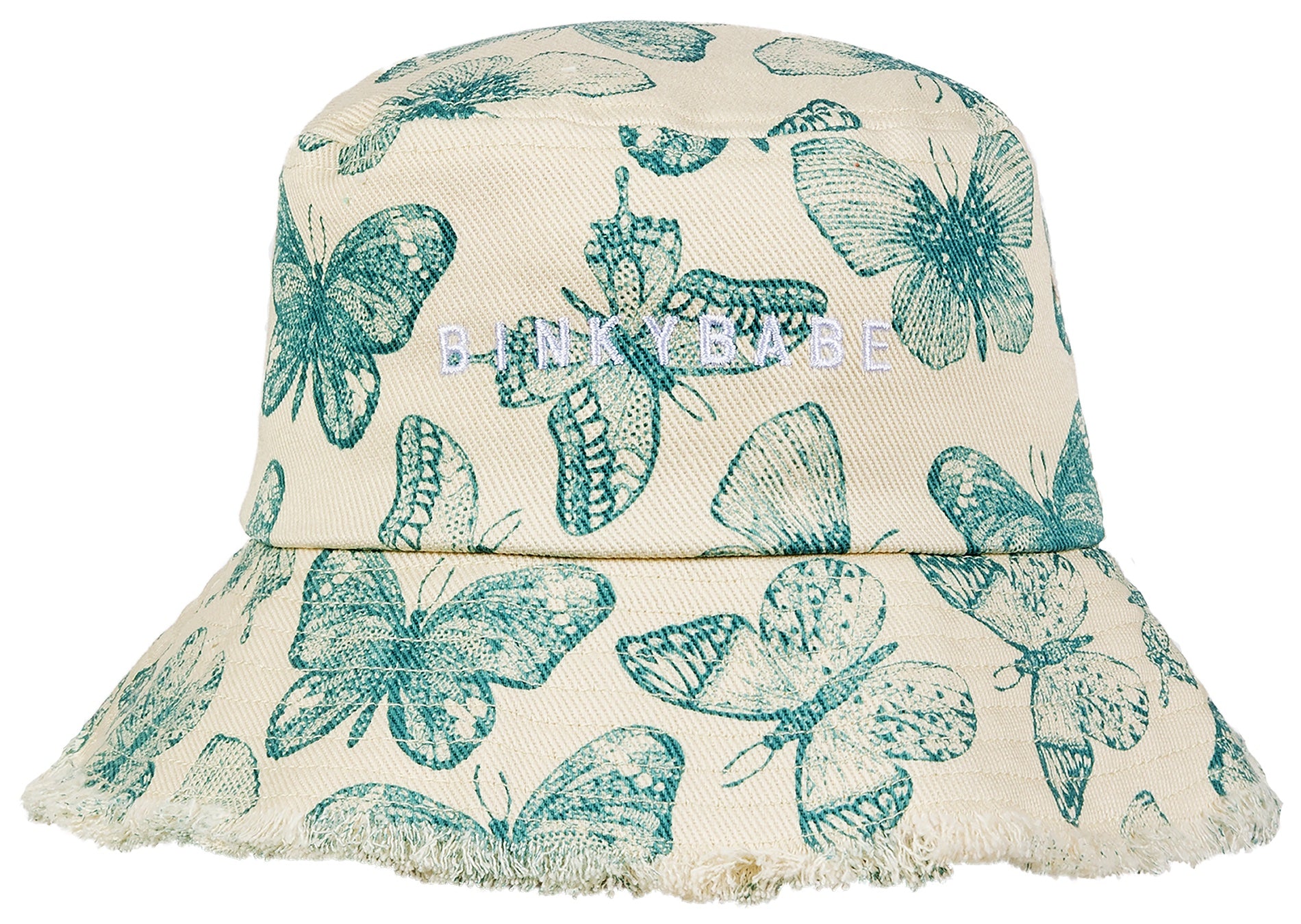 Stylish bucket hat featuring a butterfly print in teal on a beige background, designed for infants and toddlers.