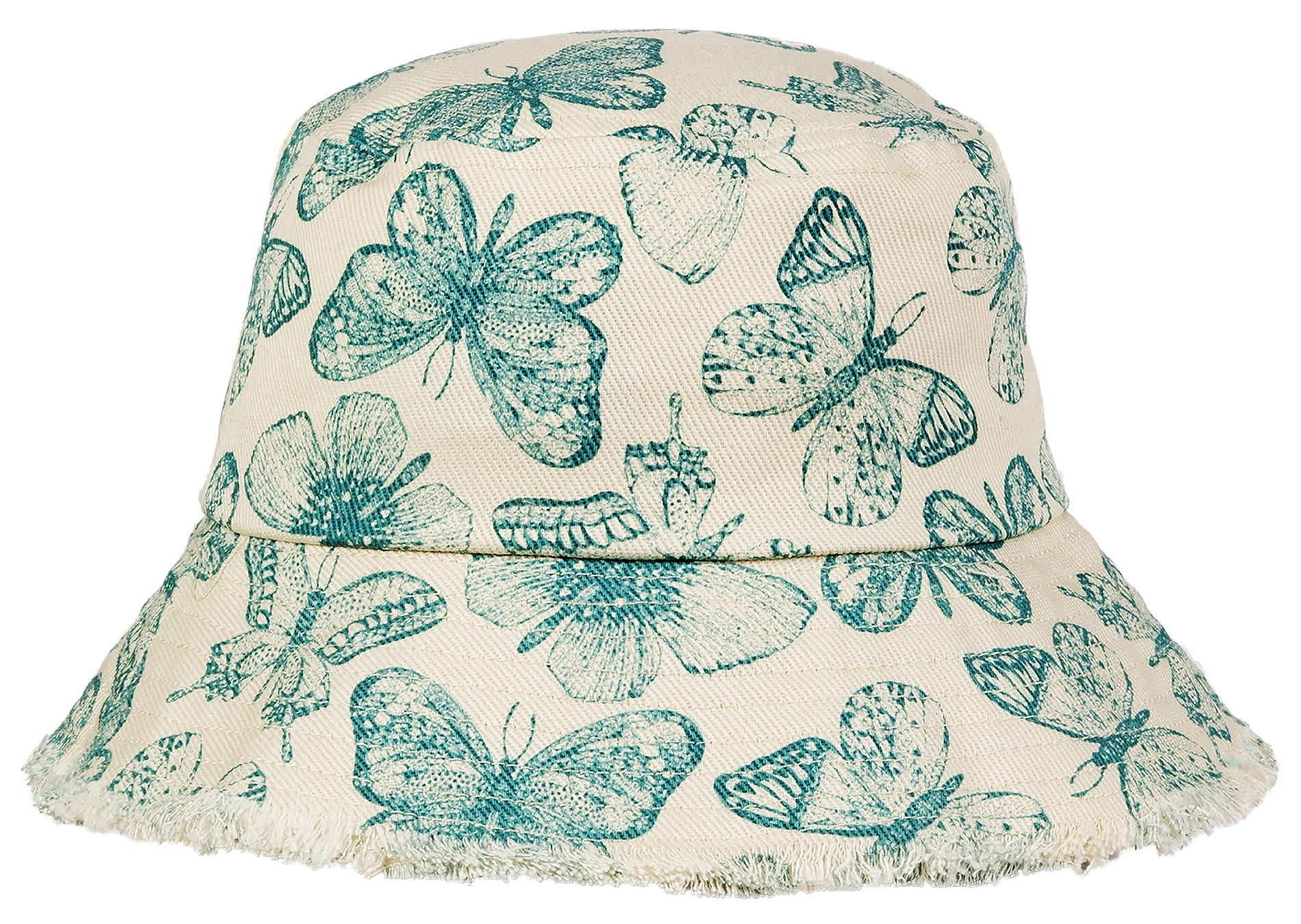 Stylish bucket hat featuring a butterfly print in teal on a cream background, perfect for kids' outdoor adventures.