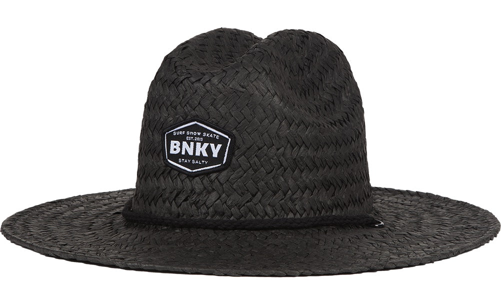 Stylish black straw sun hat with a wide brim and BNKY logo, perfect for kids embracing a surf-snow-skate lifestyle.