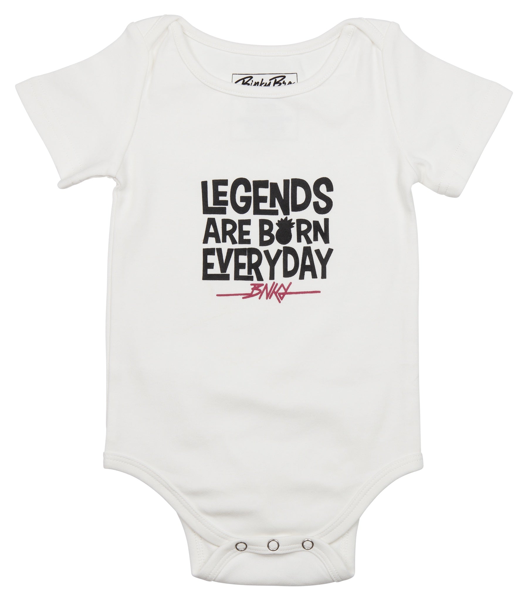 White onesie featuring bold black and red text that reads "Legends Are Born Everyday," designed for infants.