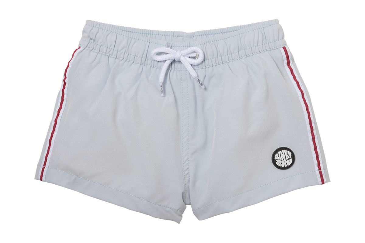 Light gray swim shorts with red side stripes and a BinkyBro logo patch, designed for kids' summer fun.