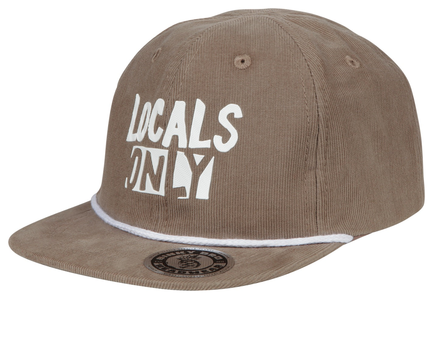 Brown snapback hat featuring "LOCALS ONLY" in bold white letters and a decorative white cord along the brim.