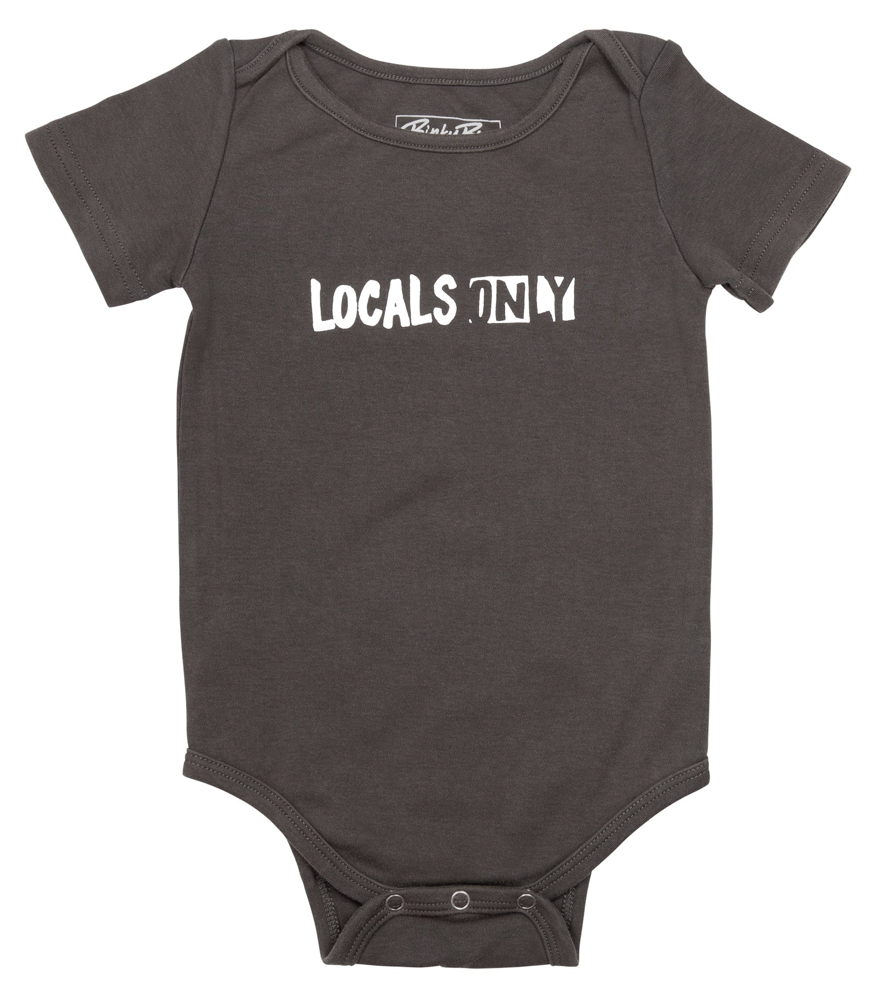 Stylish dark gray onesie featuring the word "LOCALS" in a playful design, perfect for infants and toddlers.