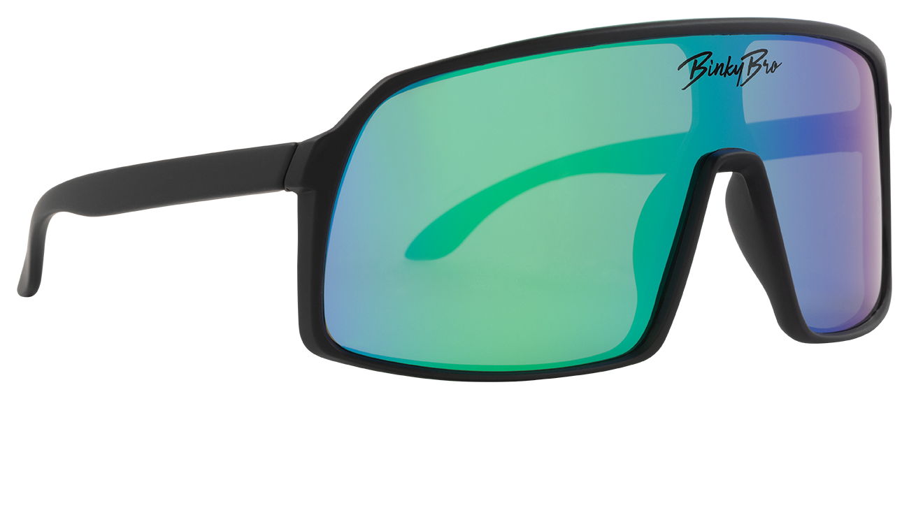 Stylish black sunglasses with a large, mirrored green lens, perfect for kids' outdoor adventures.