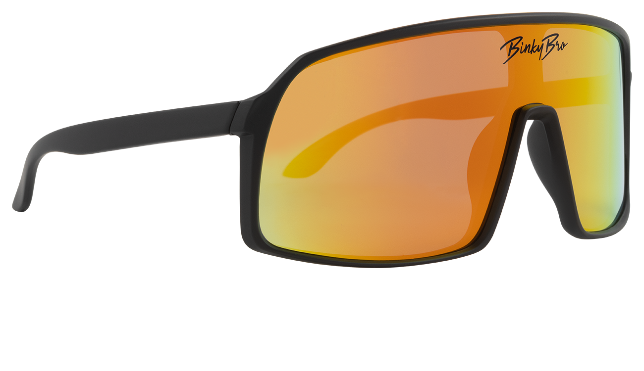 Stylish Monteverde Tiger sunglasses with a black frame and orange mirrored lenses, perfect for outdoor adventures.