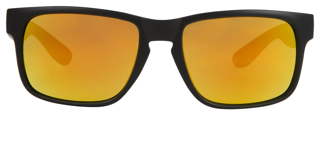 Stylish black sunglasses with saffron-tinted lenses, perfect for outdoor adventures and sun protection.