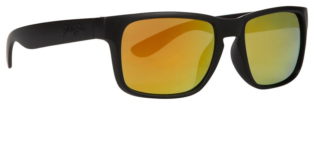 Stylish black sunglasses with saffron lenses, perfect for outdoor adventures and a trendy look for kids and youth.