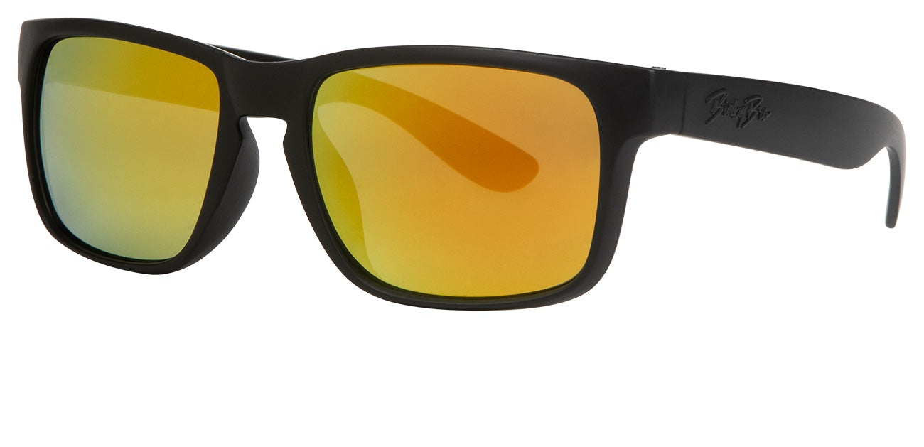 Stylish black sunglasses with saffron mirrored lenses, perfect for outdoor adventures and sunny days.