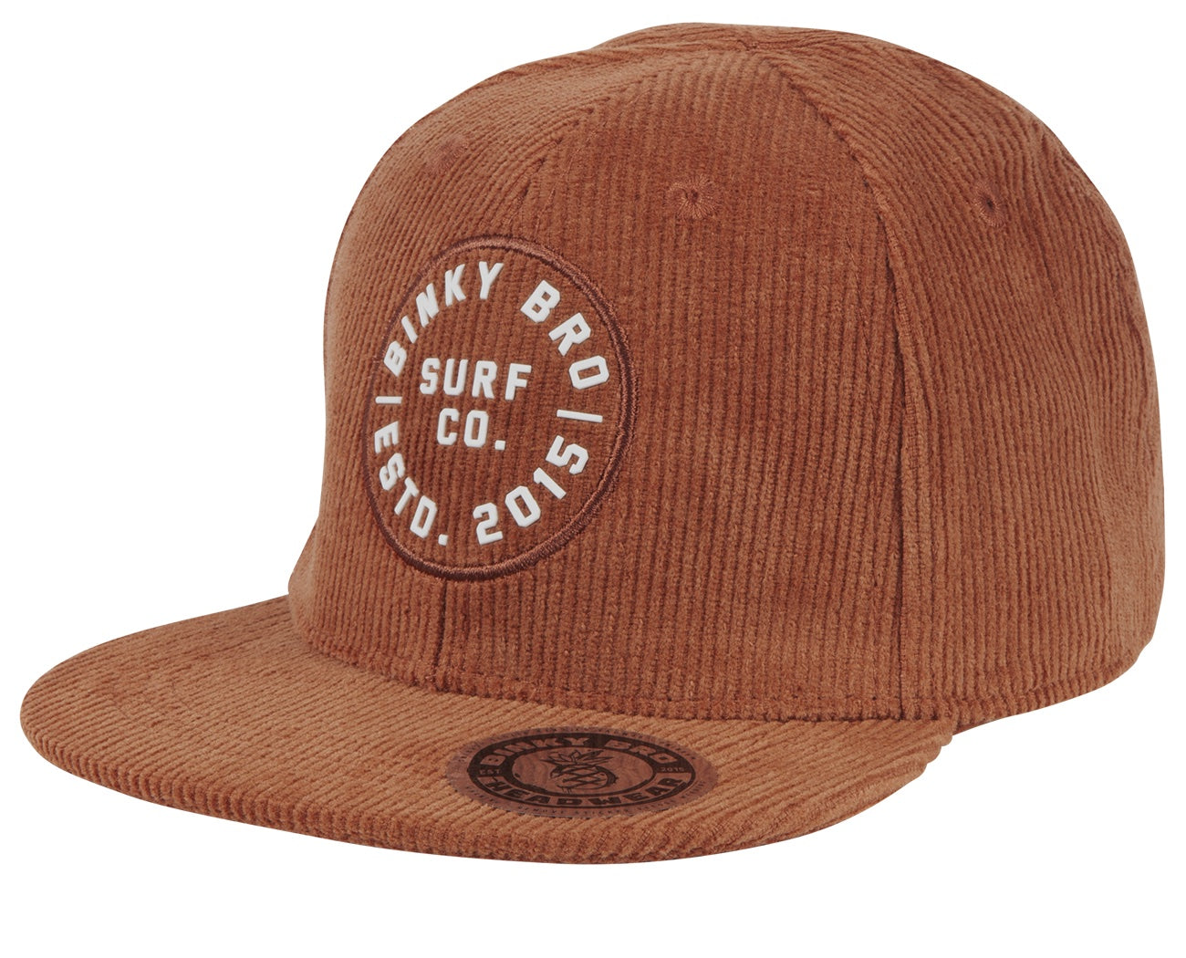 Brown corduroy snapback cap with BinkyBro logo, designed for stylish infants and toddlers in a surf-snow-skate lifestyle.