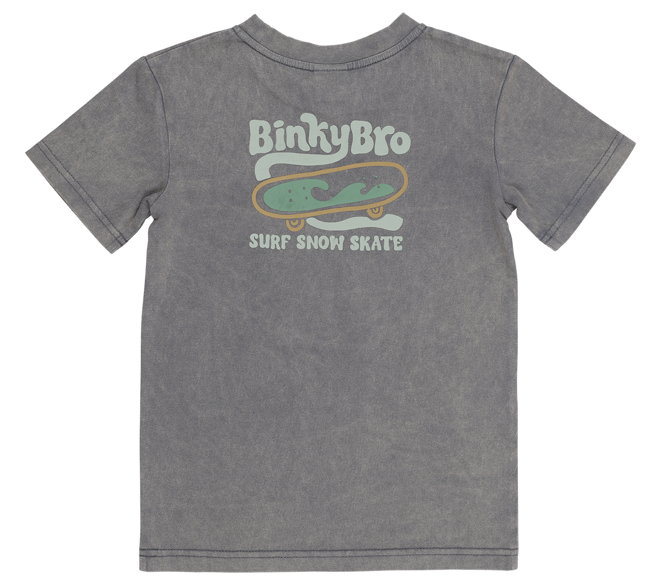 Gray Playgrounds T-Shirt featuring a colorful skateboard graphic and "BinkyBro Surf Snow Skate" text on the back.