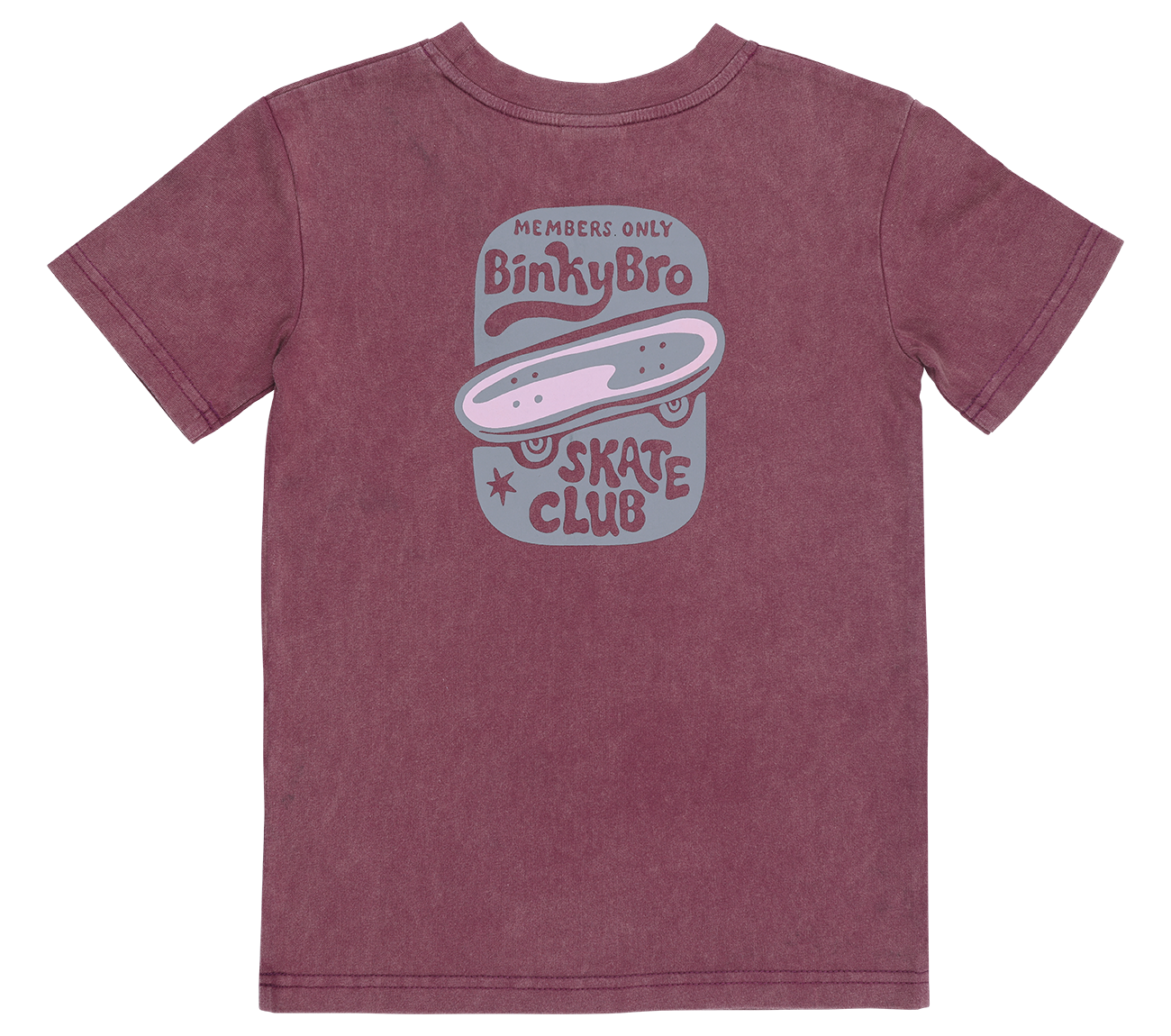 Maroon Reds T-Shirt featuring a playful skateboard graphic and "BinkyBro Skate Club" text, perfect for stylish kids.