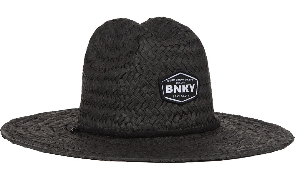 Stylish black straw sun hat with a wide brim and BNKY logo, perfect for kids' outdoor adventures.