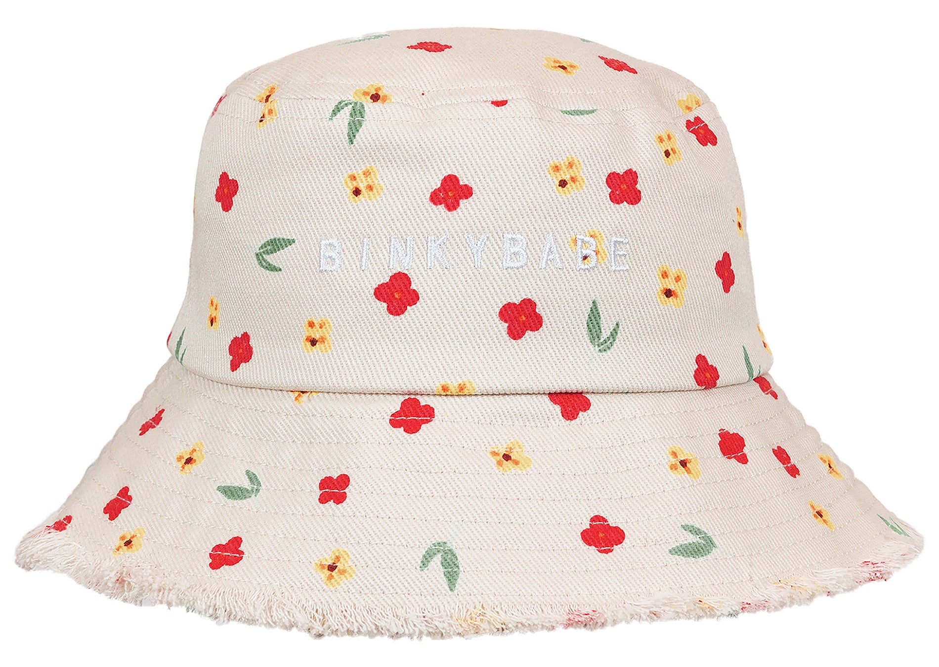 Floral-patterned bucket hat with frayed edges and "BINKYBABE" embroidered in white, perfect for stylish kids.