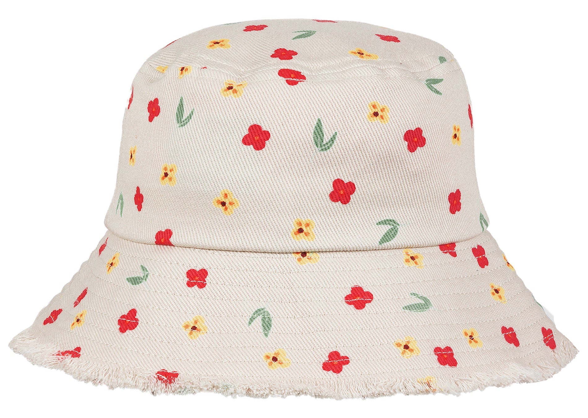 Stylish beige bucket hat with colorful floral print, perfect for infants and toddlers, designed for a trendy outdoor look.