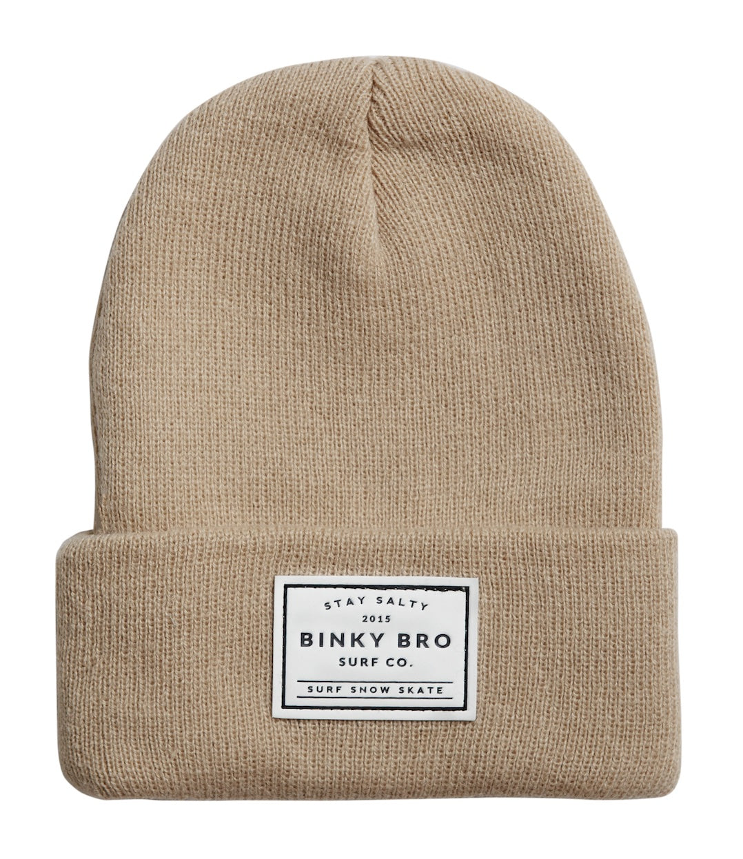 Tan beanie hat with a folded cuff and a Binky Bro Surf Co. label, designed for stylish comfort in outdoor activities.