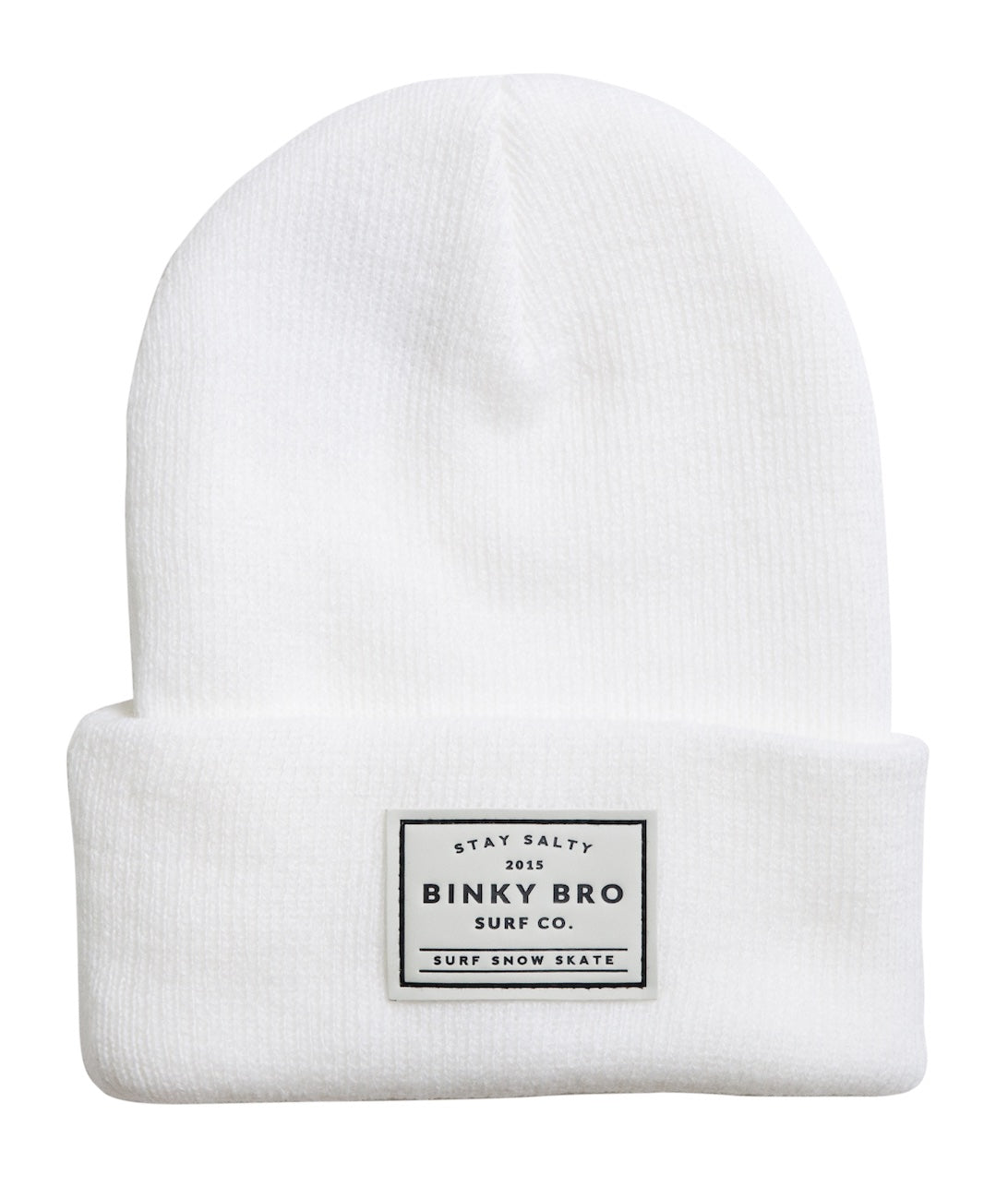 White beanie hat with a folded cuff featuring a black and white Binky Bro label, ideal for stylish outdoor adventures.