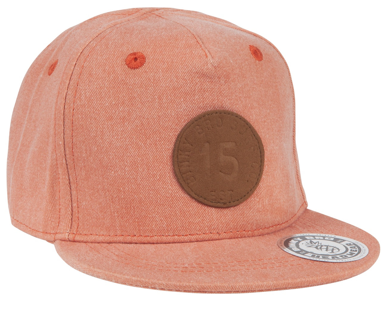 Stylish San Onofre snapback hat in coral with a leather patch and logo, perfect for kids embracing surf and skate culture.