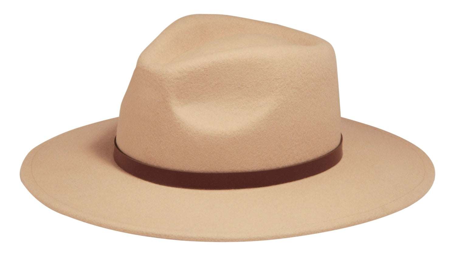 Stylish beige felt hat with a wide brim and a brown leather band, perfect for sun protection and trendy outfits.