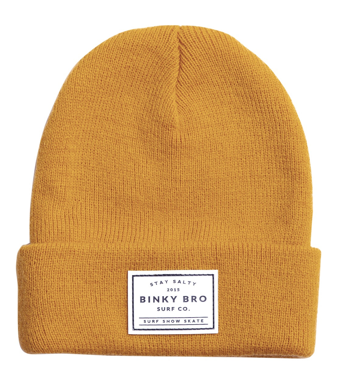 Mustard yellow beanie with a folded cuff and a label featuring Binky Bro Surf Co. logo, perfect for kids' outdoor adventures.