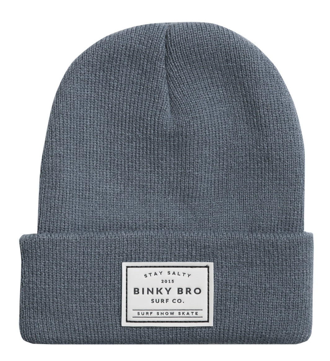 Slate beanie from BinkyBro featuring a folded cuff and a branded label, perfect for stylish warmth for kids.