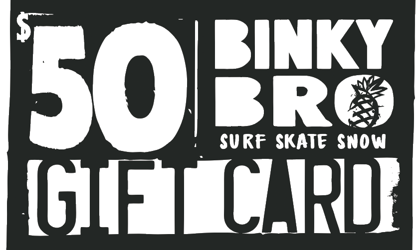 BinkyBro $50 gift card featuring a bold design, ideal for stylish surf, skate, and snow apparel for kids.