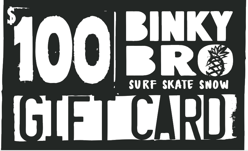 $100 BinkyBro gift card featuring a surf, skate, and snow theme, perfect for stylish children's apparel and accessories.