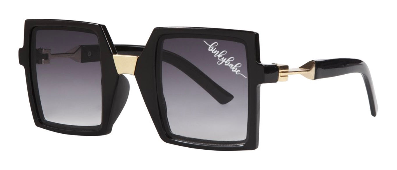 Stylish black square sunglasses with gradient lenses and gold accents, perfect for trendy summer looks.
