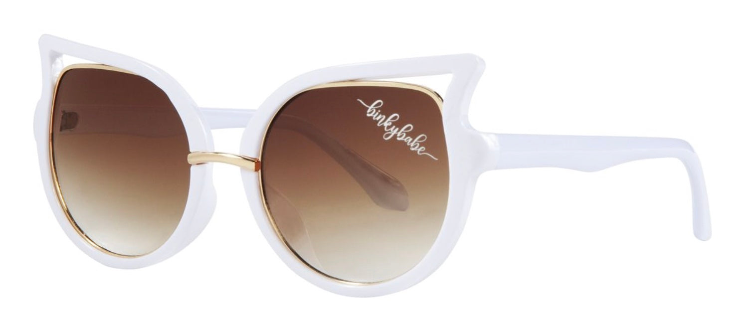 Stylish white cat-eye sunglasses with gradient brown lenses and gold accents, perfect for trendy kids.
