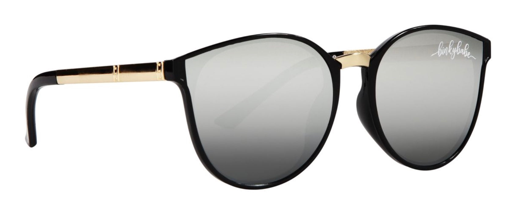 Stylish black sunglasses with a cat-eye shape and gradient lenses, featuring gold accents on the temples.