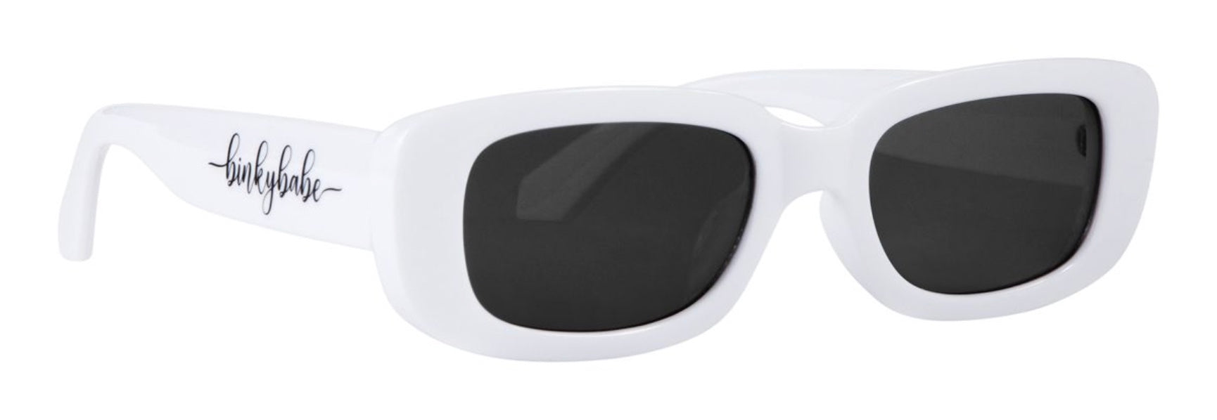 Stylish white sunglasses with dark lenses, featuring a sleek design ideal for kids' outdoor adventures.