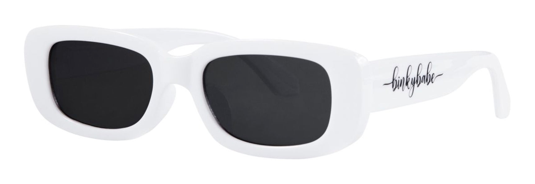 Stylish white sunglasses with oversized black lenses, perfect for trendy kids and a surf-snow-skate lifestyle.