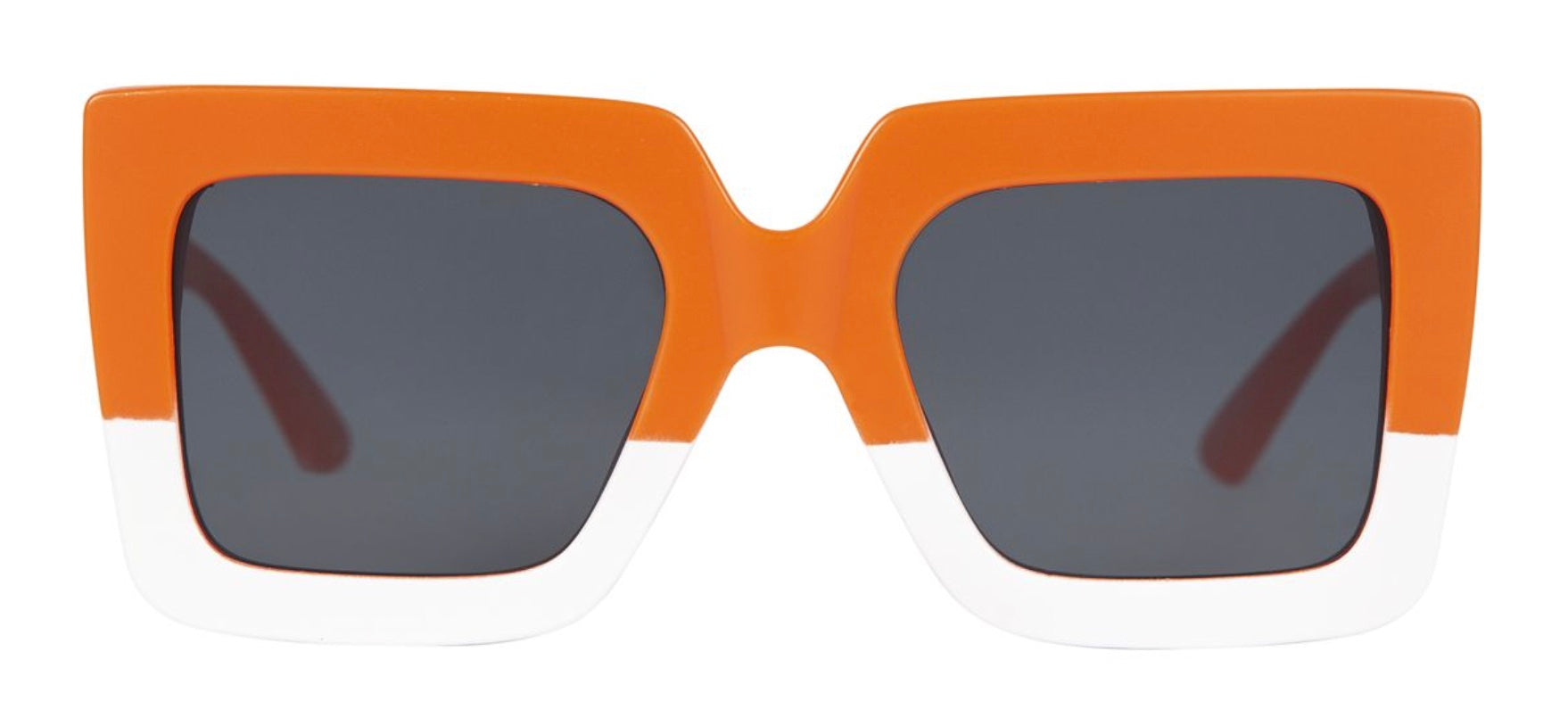 Stylish oversized sunglasses with bold orange and white frames, featuring dark lenses for a trendy look.