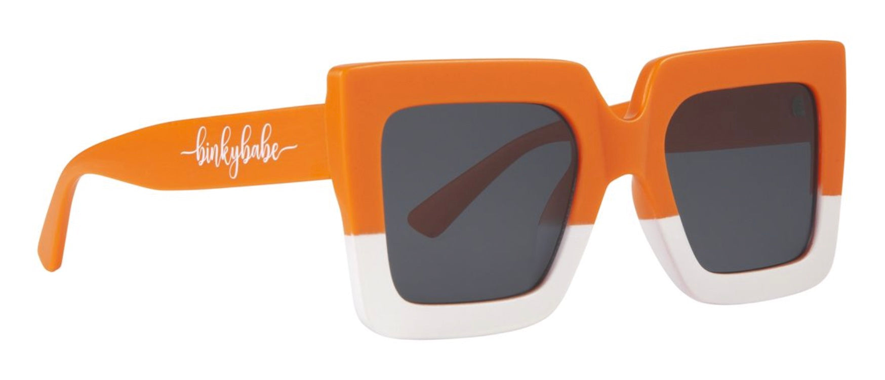 Stylish orange and white square sunglasses with dark lenses, featuring the BinkyBro logo on the arm. Perfect for kids.