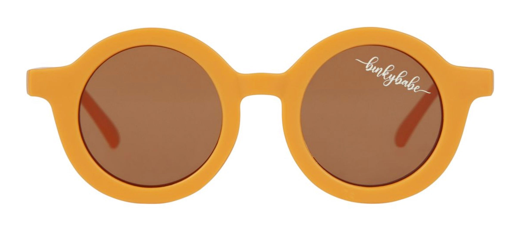 Round, orange sunglasses with brown lenses, designed for infants and toddlers, featuring a playful and stylish look.