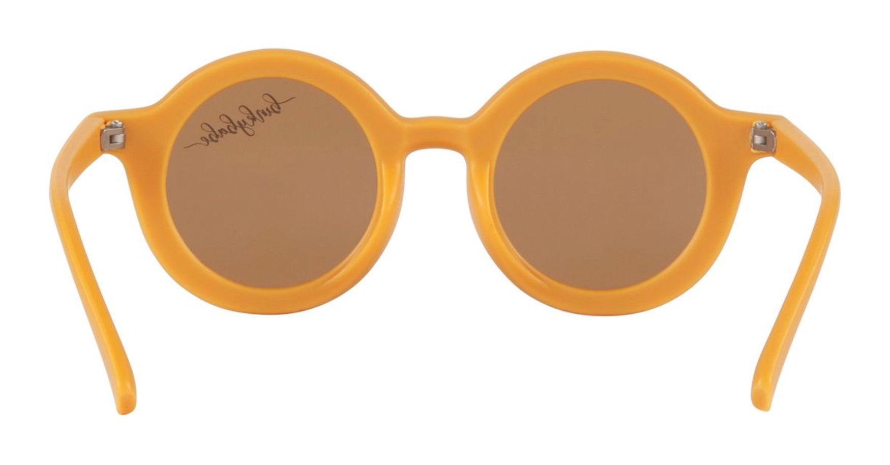 Stylish round yellow sunglasses with brown lenses, perfect for kids' outdoor adventures and sun protection.