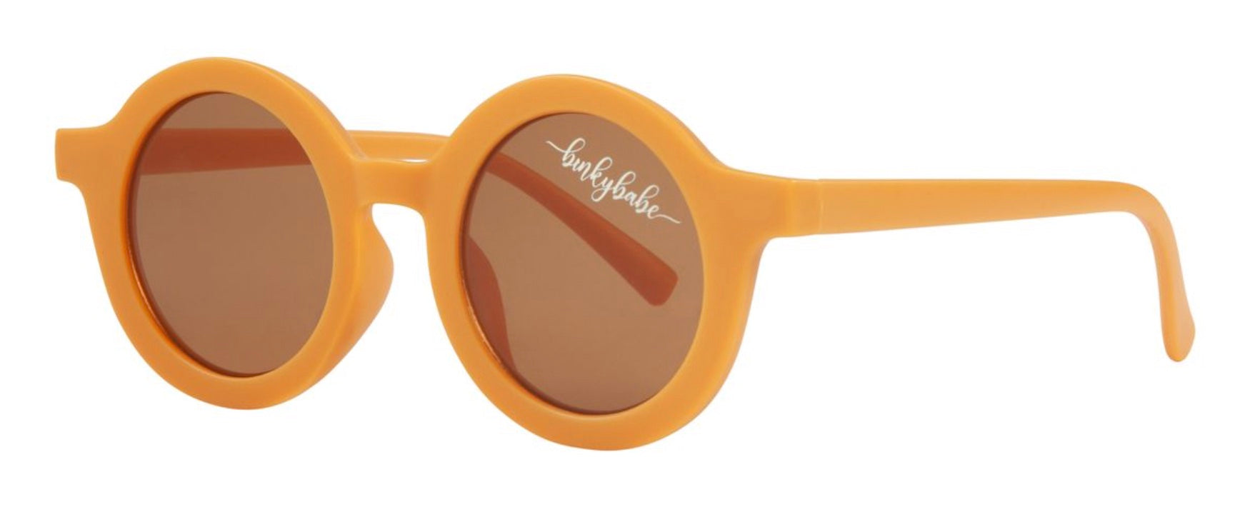 Round orange sunglasses with brown lenses, designed for kids, featuring a stylish and playful look for sunny days.