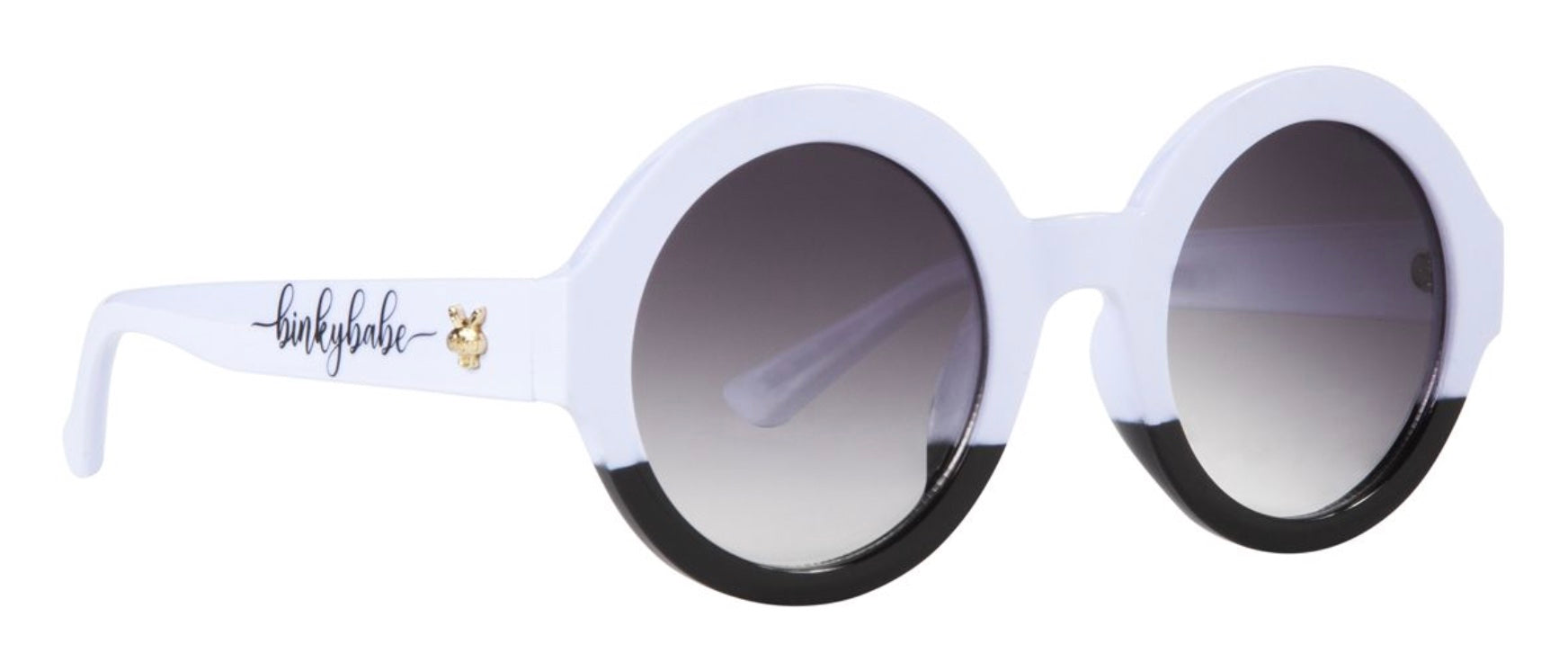 Stylish round sunglasses with a white frame and black accents, featuring gradient lenses and a playful design.