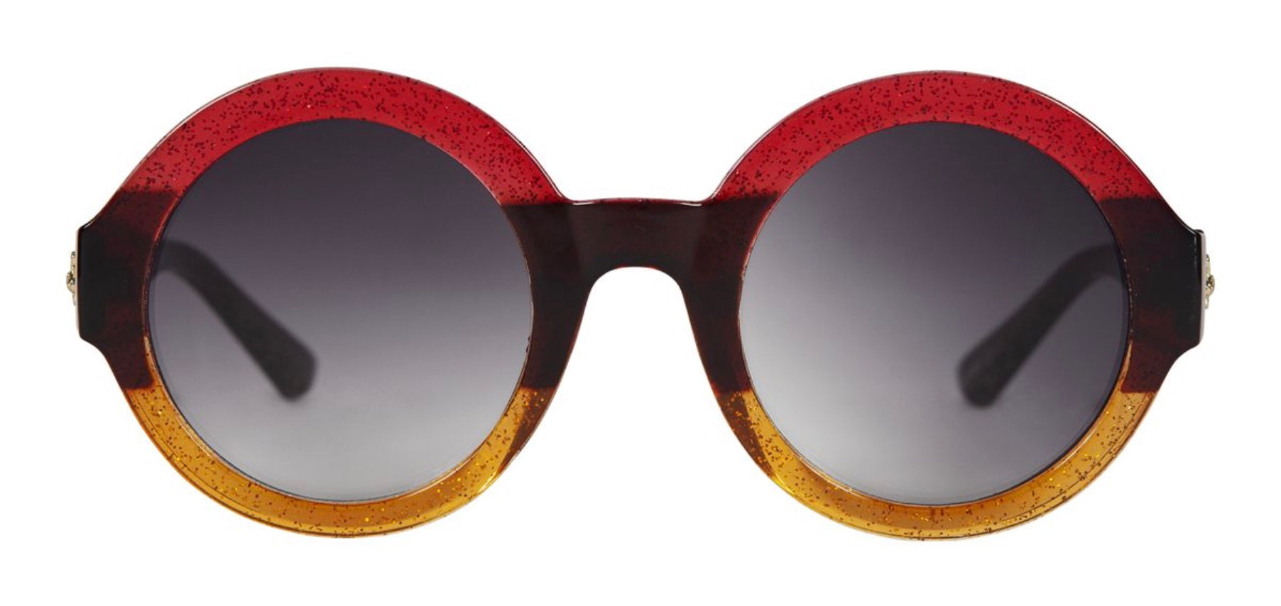 Round sunglasses with a gradient red to orange frame and dark lenses, stylishly designed for a trendy look.