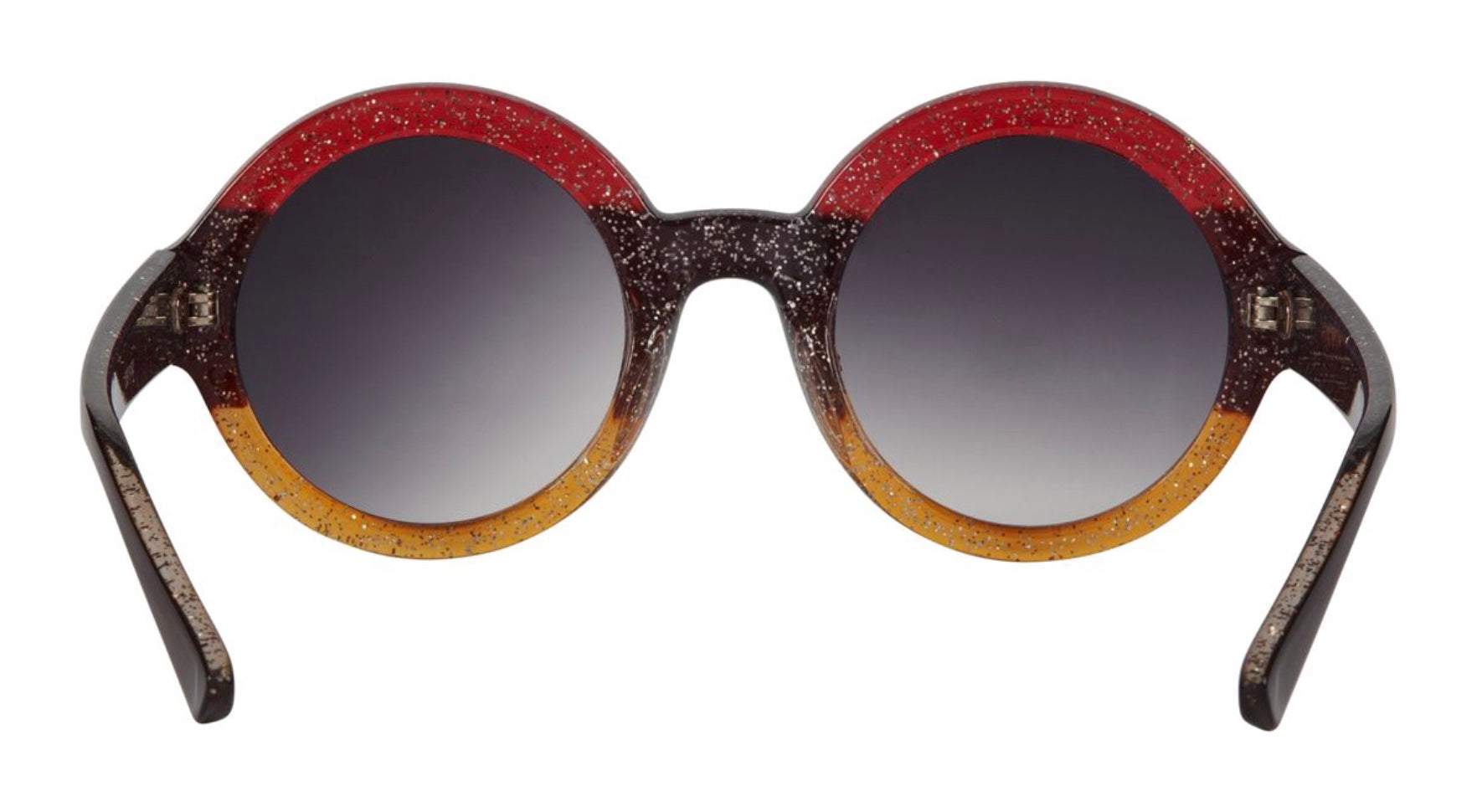 Stylish round sunglasses with a gradient red and orange frame, featuring a glittery finish and dark lenses.