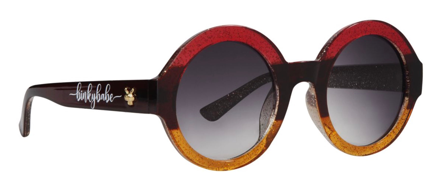 Stylish round sunglasses with a gradient brown and orange frame, featuring a subtle sparkle and BinkyBro branding.